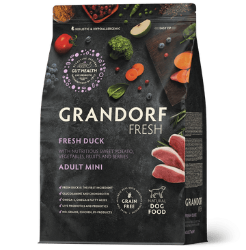 Dry dog food by Grandorf, Fresh Duck flavor for adult mini breed dogs, 3kg bag, high-quality nutritious pet meal.