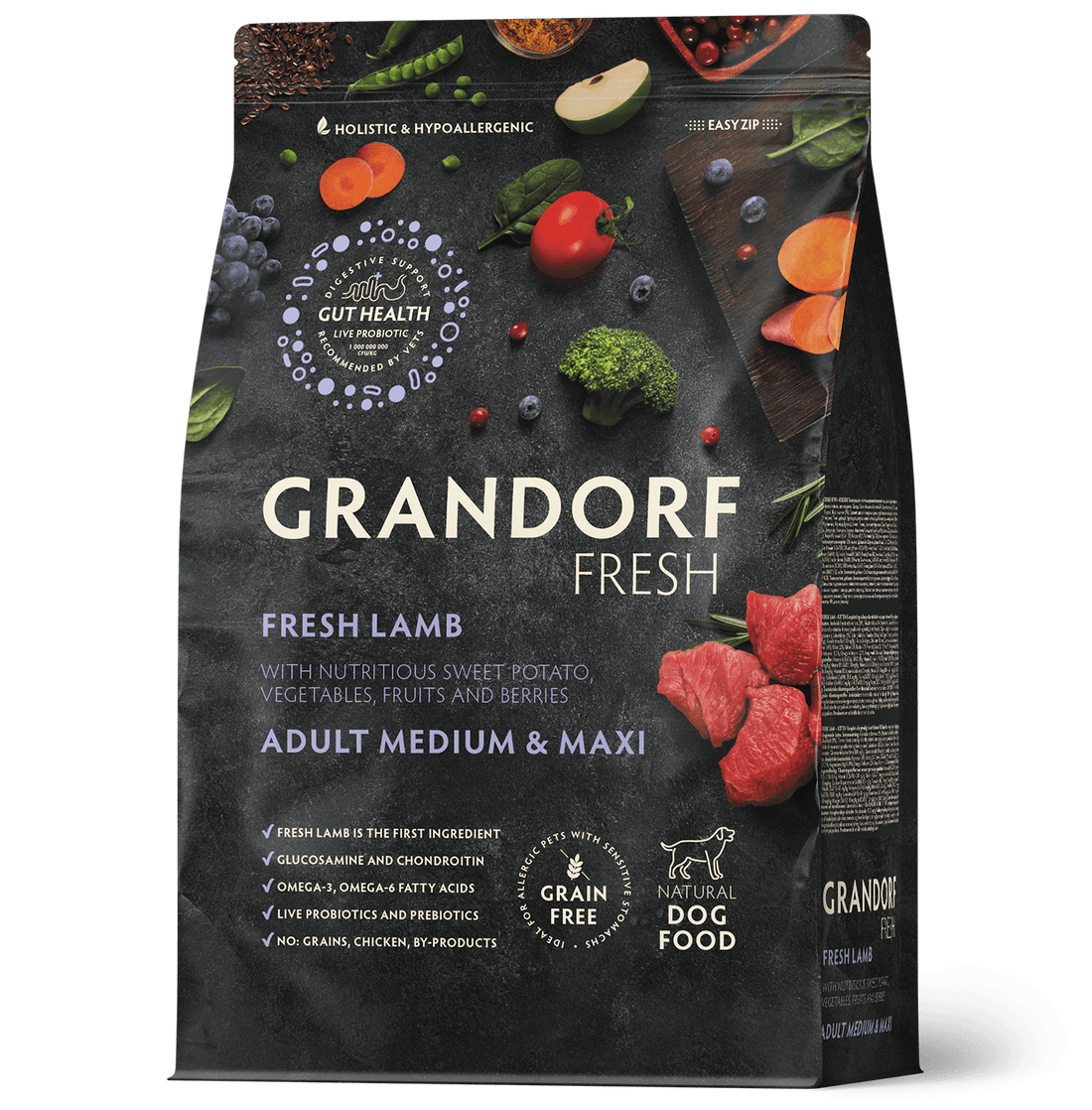 Bag of Grandorf Fresh Lamb adult dry dog food for medium and maxi breeds, featuring fresh lamb ingredients in a 3kg package.