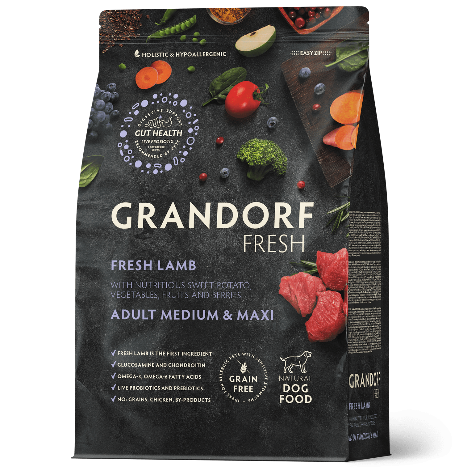 Bag of Grandorf Fresh Lamb adult dry dog food for medium and maxi breeds, featuring fresh lamb ingredients in a 3kg package.