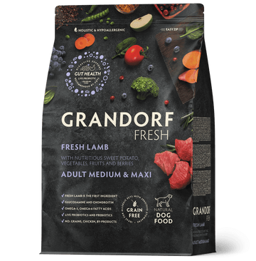 Bag of Grandorf Fresh Lamb adult dry dog food for medium and maxi breeds, featuring fresh lamb ingredients in a 3kg package.