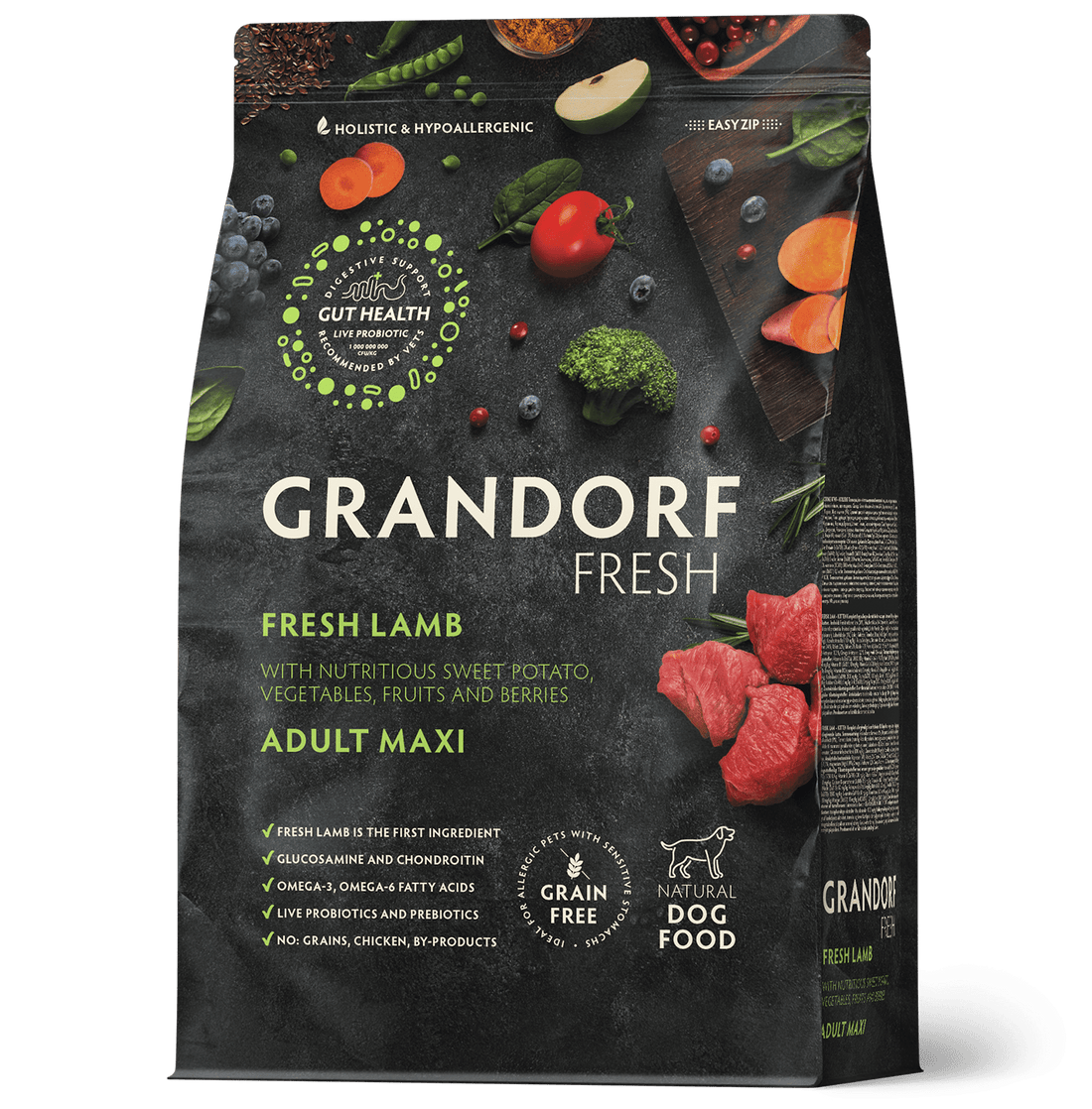 Dry dog food bag by Grandorf, Fresh Lamb flavor for adult large breeds, 10kg package, suitable for maxi breed dogs.