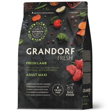 Dry dog food bag by Grandorf, Fresh Lamb flavor for adult large breeds, 10kg package, suitable for maxi breed dogs.