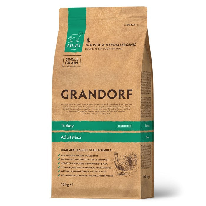 Grandorf Turkey adult dog food for maxi breeds in a 10kg bag, featuring natural ingredients for healthy canine nutrition.