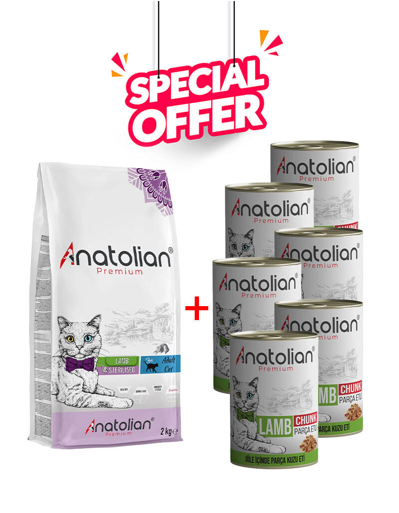 Anatolian Pet neutered cat food 1x2kg with six cans of Lamb wet food 400g, featuring fresh lamb in natural packaging.