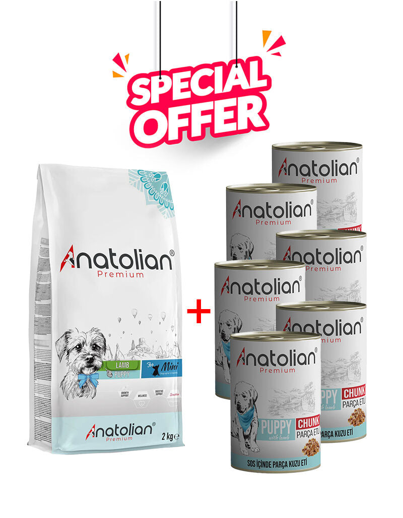 Anatolian Pet Anatolian Lamb Puppy 1x2kg and Lamb Wet Food Puppy 6x400g, fresh and nutritious dog food for puppies, shown in the image.
