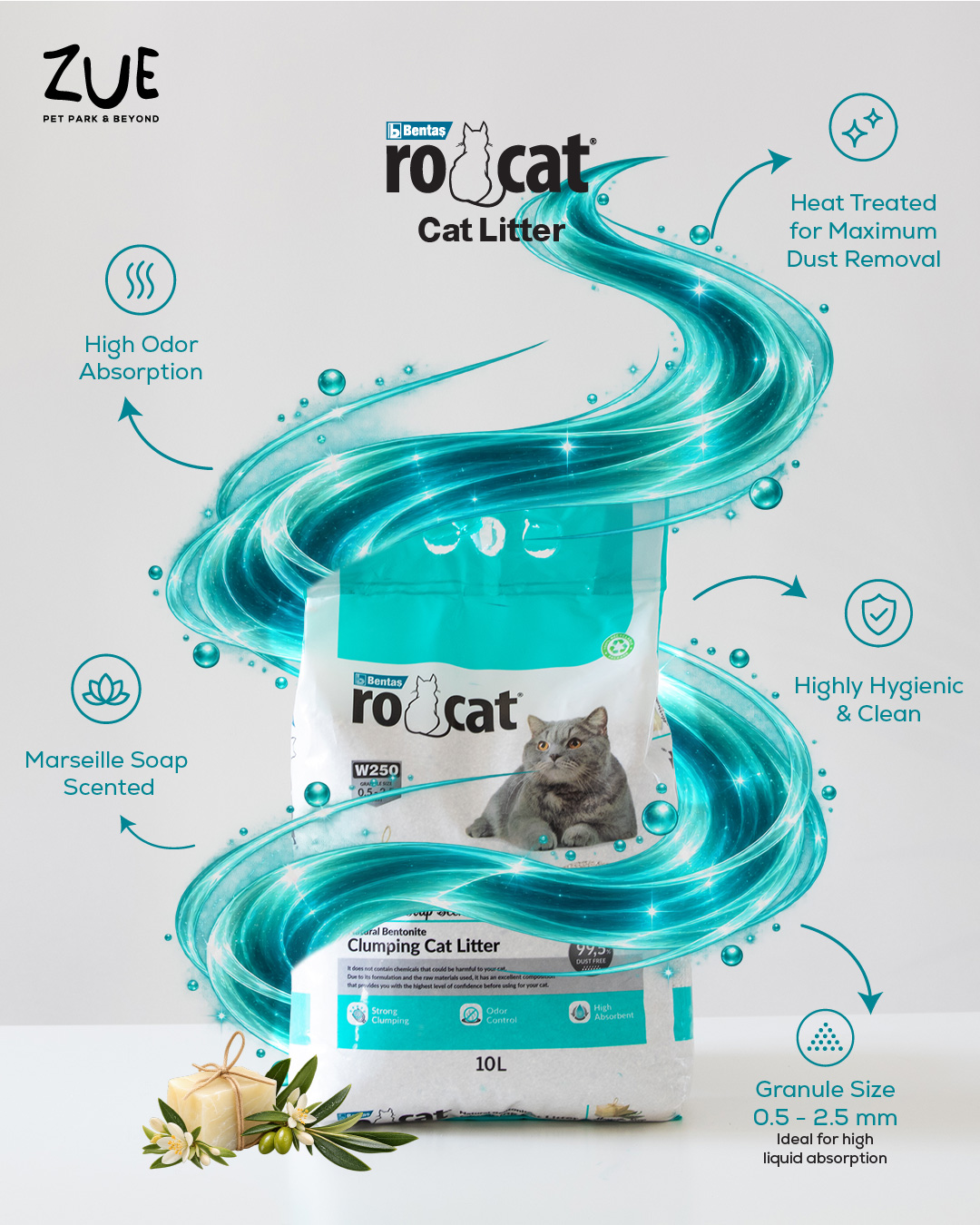 RoCat Marseille soap cat litter in a teal 10L container, designed for odor control and easy cleaning for cats.