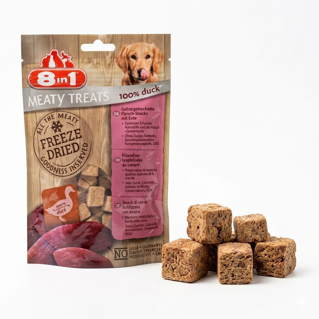 SVK 8 in 1 Meaty Treats freeze-dried duck 50g, showing a resealable bag of natural pet treats with duck flavor.