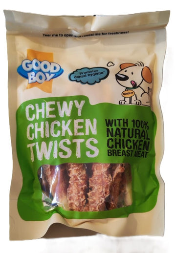 Chewy chicken Twists dog treats in 90g packaging from SVK, featuring a close-up of the tasty, savory treat for dogs.