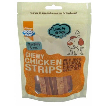SVK Good Boy Chewy Chicken Strips 100g, dog treat with tender chicken strips in a resealable package.