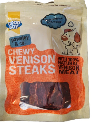 SVK Goodboy chewy venison steaks 80g, natural dog treats with tender venison slices in a resealable package.