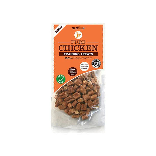 SVK Pure Chicken training treats 85g, small bite-sized treats for dogs, in a clear package with chicken ingredients visible.