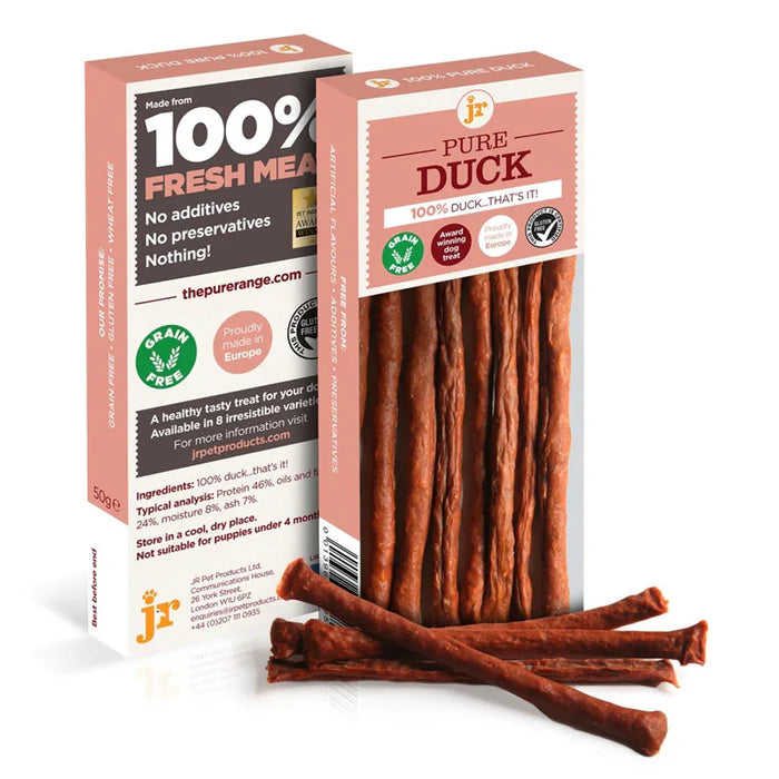 SVK Pure Duck sticks, 50g retail snack, showing crispy, golden duck jerky sticks in a clear package.
