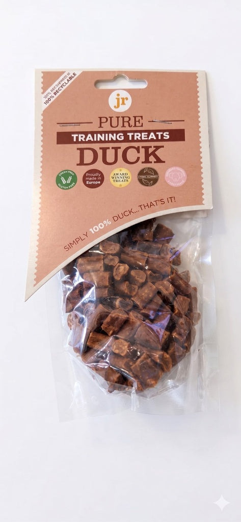 Pure Duck training treats in 85g pack by SVK, showing a close-up of the treats in a retail package.