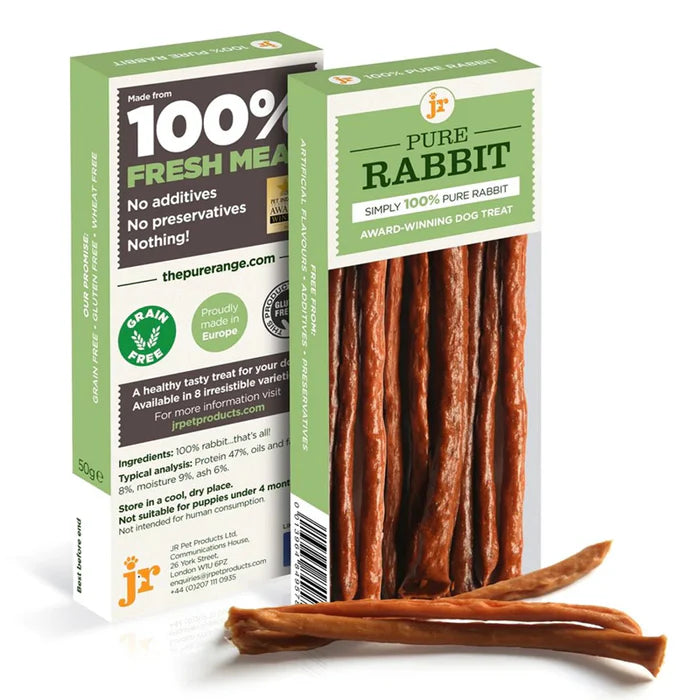 SVK Pure Rabbit Sticks 50g, natural pet treats made from rabbit meat, shown in the packaging with rabbit images and product details.