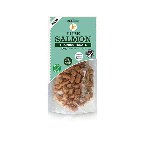 SVK Pure Salmon Training Treats 85g bag, showing fresh salmon treats for dogs with natural ingredients and appealing texture.
