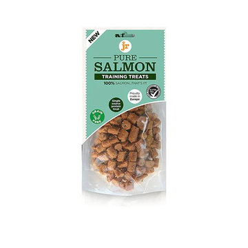 SVK Pure Salmon Training Treats 85g bag, showing fresh salmon treats for dogs with natural ingredients and appealing texture.