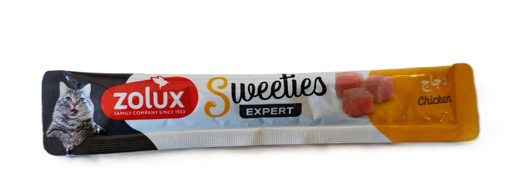 SVK Sweeties creamy cat stick with chicken flavor, showing the treat's soft, creamy texture and chicken ingredients.