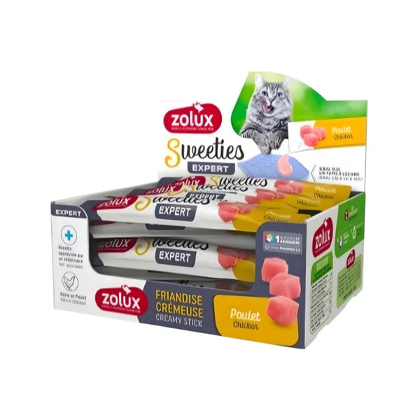 SVK Sweeties creamy cat stick with chicken flavor, showing the treat's soft, creamy texture and chicken ingredients.