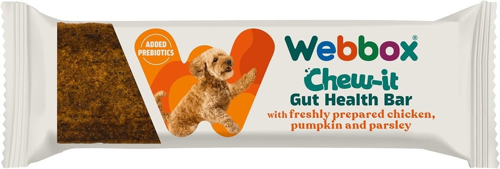 Webbox Chew It Gut Health Bar with chicken for dogs, 30g, by SVK showing the chewable treat with chicken flavor.