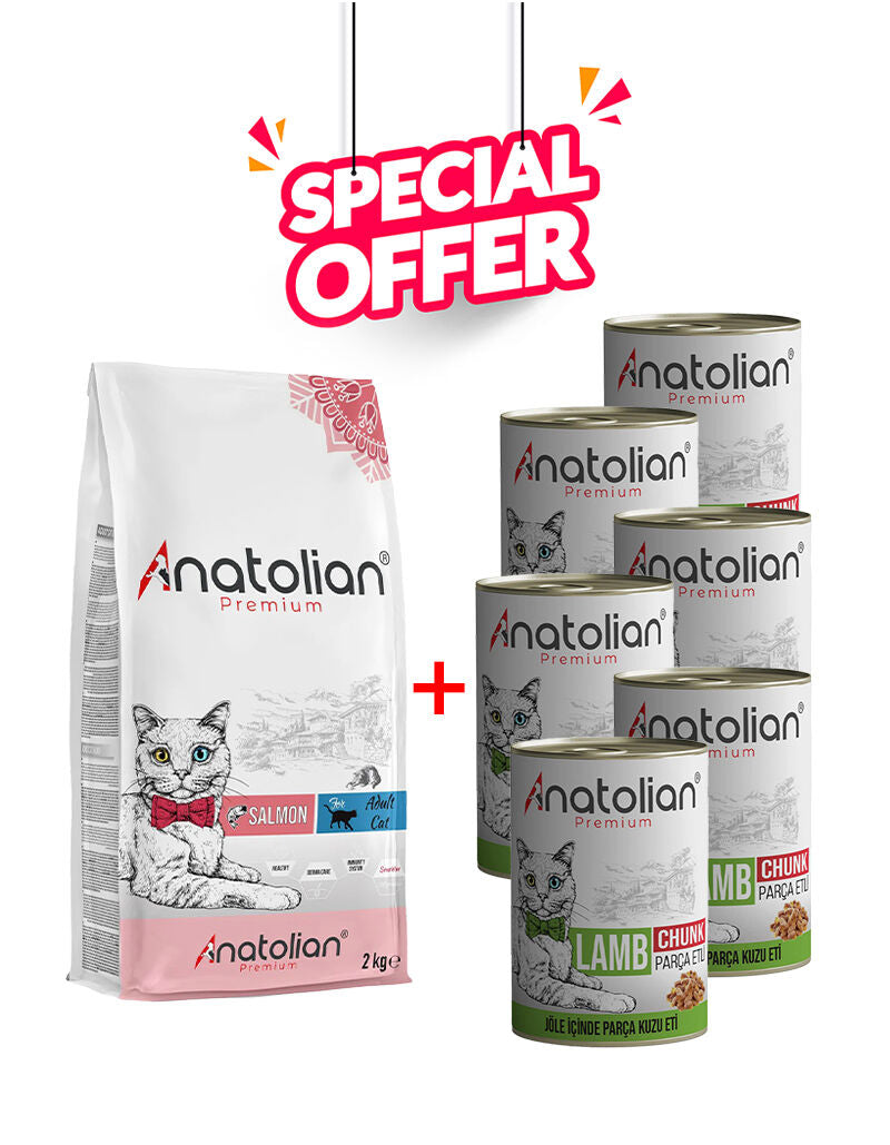 Anatolian Pet salmon and lamb wet cat food, 1x2kg salmon and 6x400g lamb cans, featuring adult cats enjoying the meal.