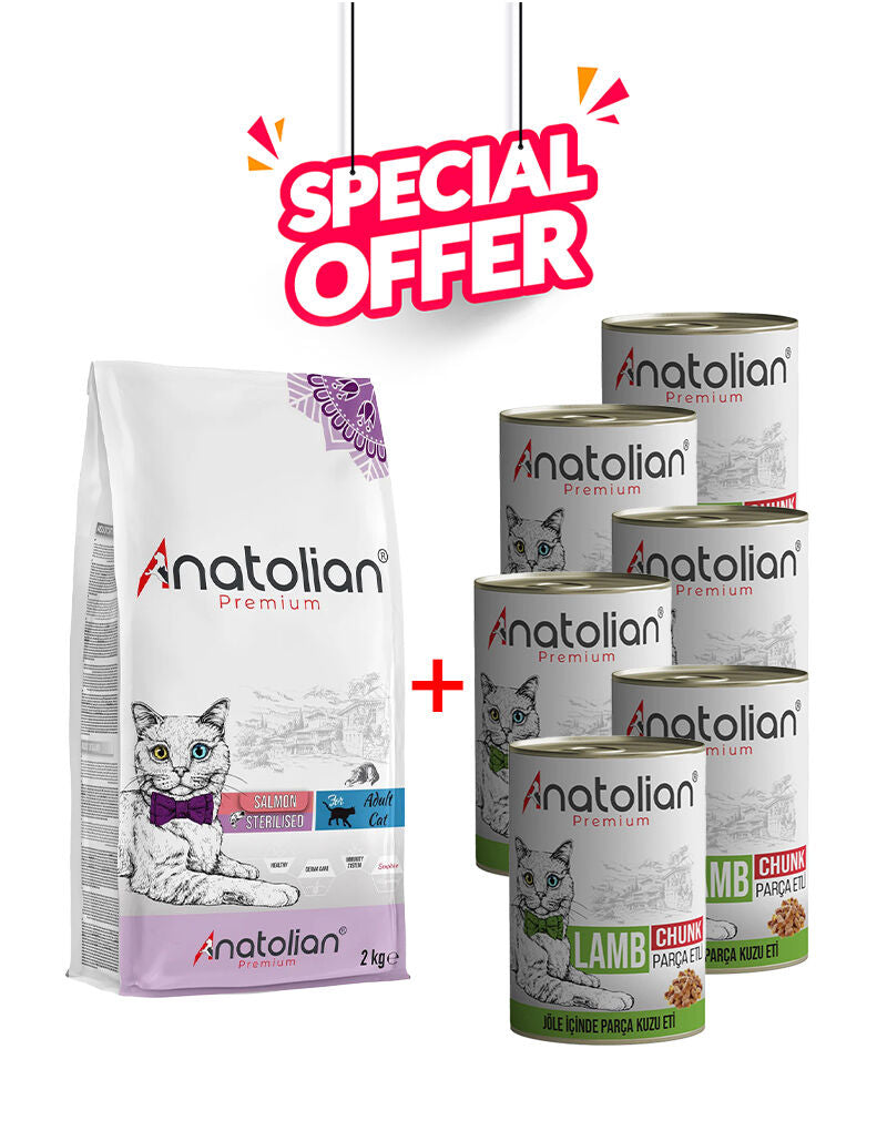 Anatolian Pet salmon and lamb wet cat food, 6 cans of 400g each, featuring salmon and lamb flavors with labeled cans.