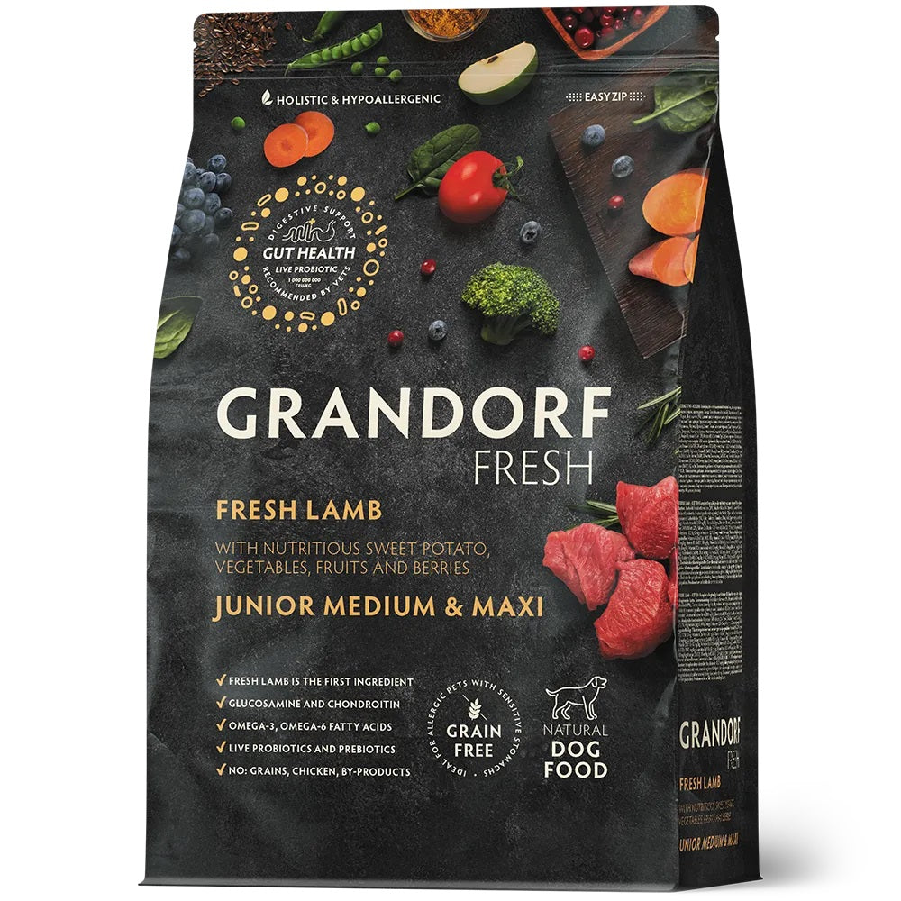 Grandorf Fresh Lamb - Junior Medium & Maxi Breeds - 1 Kg - جراندورف فريش لحم الضأن للكلاب اليافعة من السلالات المتوسطة والكبيرة – 1 كجم. وهو