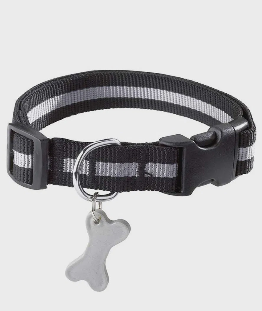Black Croci dog collar with adjustable strap and metal buckle, designed for durability and comfort for dogs.