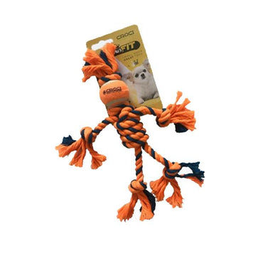 Croci Bone Mini dog toy with orange and blue tennis ball, durable rubber chew toy for small dogs.