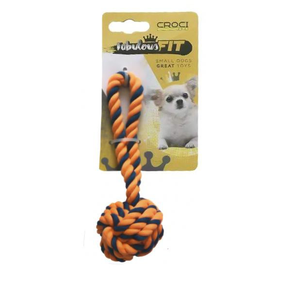 Croci Cotton Bone Mini Dog Toy in orange and blue, small plush ball made of cotton for dogs, with a bone shape and vibrant colors.