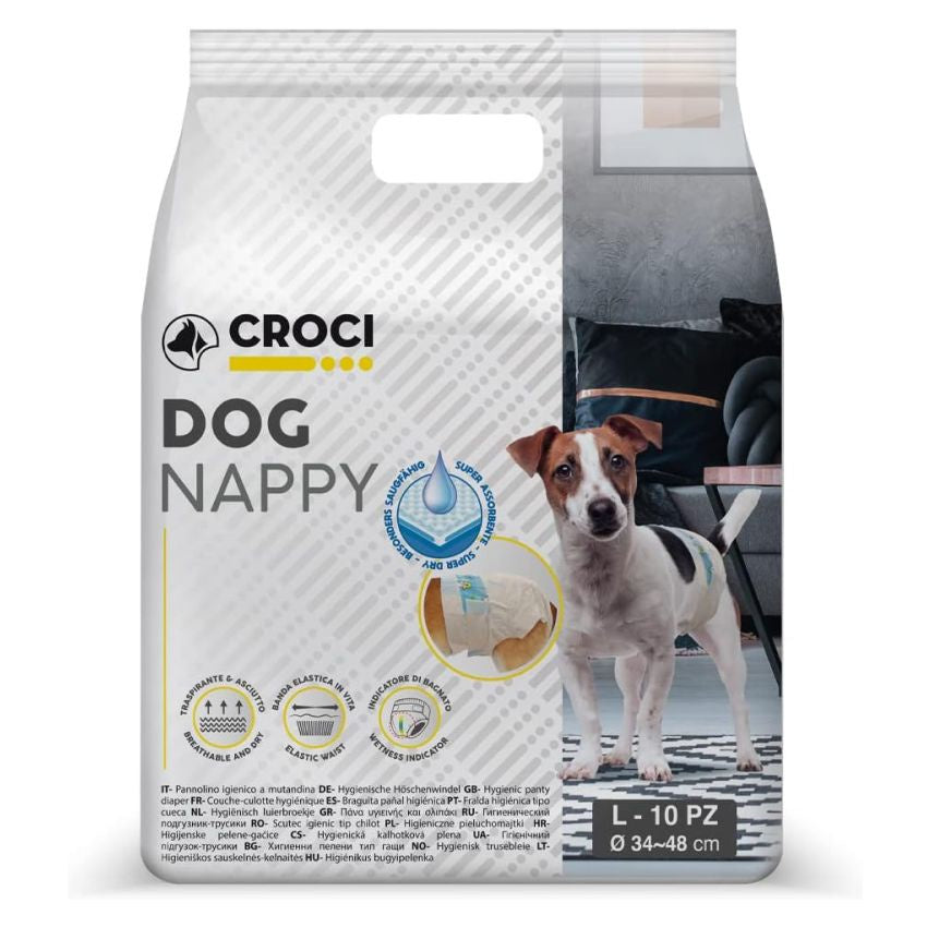 Large Croci Nappy Dog in white with blue waistband, designed for pet hygiene and care, suitable for large dogs.