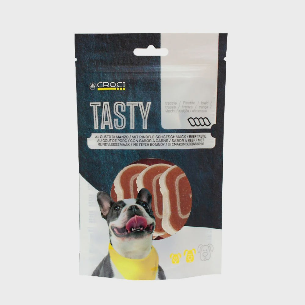 Croci Tasty Chicken & Cod Rolls for pets, 80g package featuring chewy treats in a colorful, appetizing presentation.
