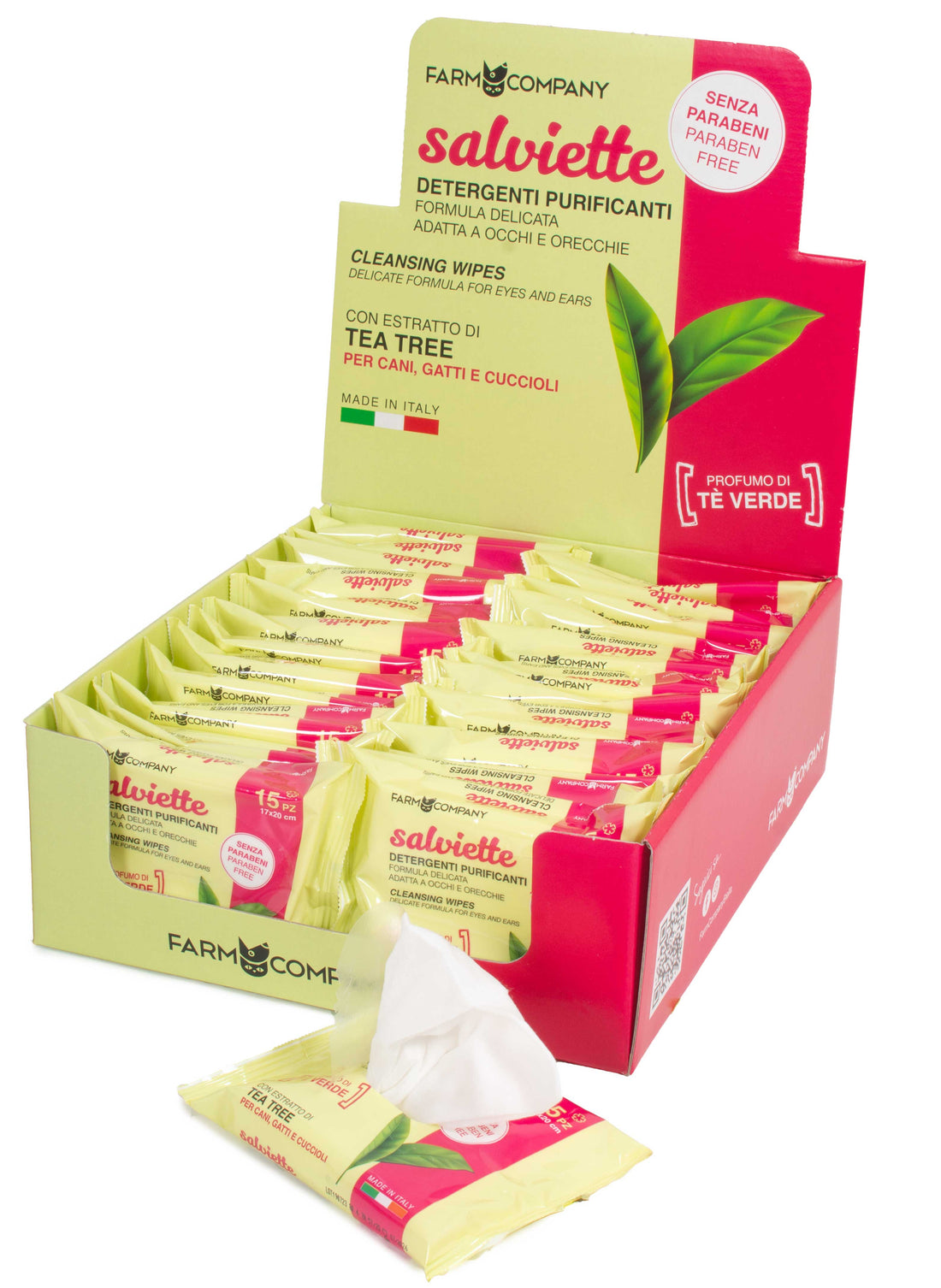 Farm Company Tea Tree Cleansing Wipes for ears and eyes, 15-pack, pet accessories for gentle cleaning of pets' sensitive areas.