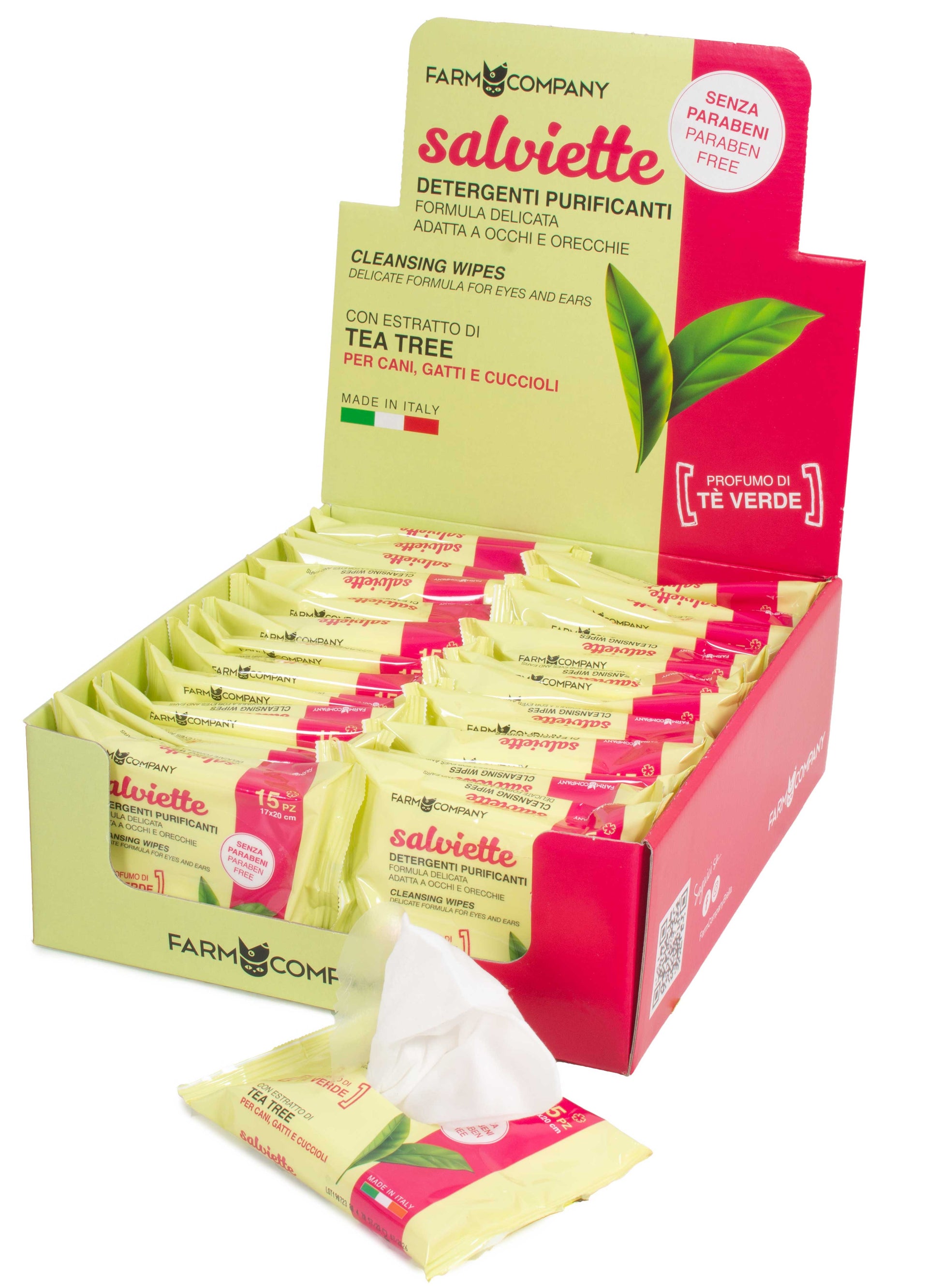 Farm Company Tea Tree Cleansing Wipes for ears and eyes, 15-pack, pet accessories for gentle cleaning of pets' sensitive areas.