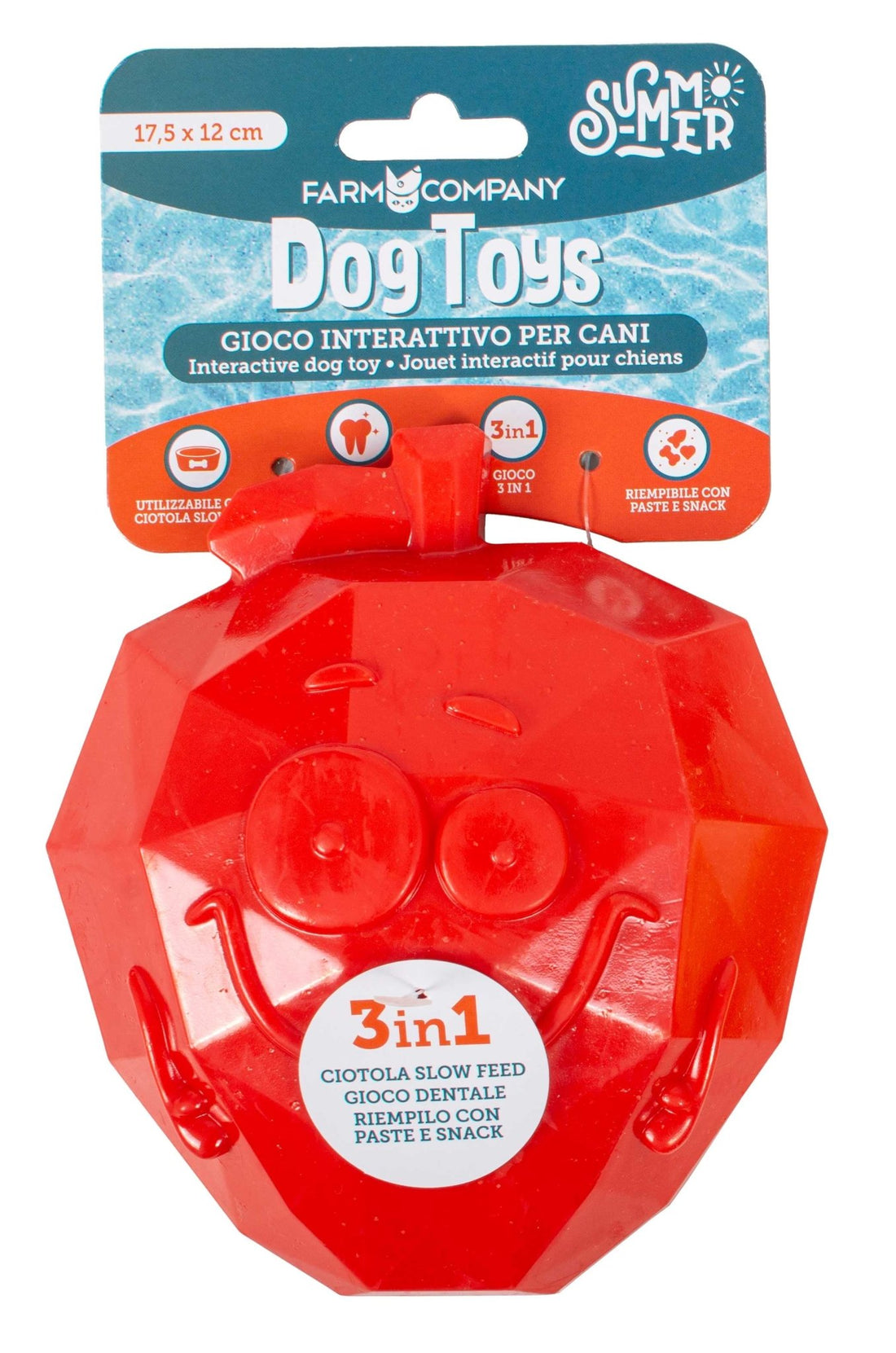 Farm Company Fruity TPR 3-in-1 apple-shaped dog toy, bowl, and licky mat, 17.5 x 12 cm, pet accessories for dogs.