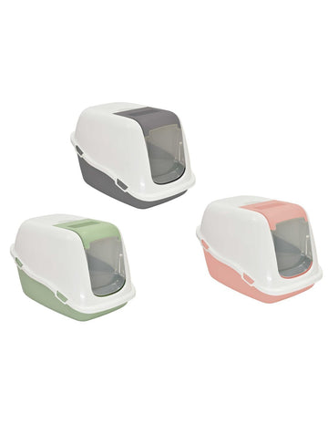 Farm Company Ella Comfort cat litter tray in olive green with door and filter, measuring 57x39x41 cm, designed for cat accessories.
