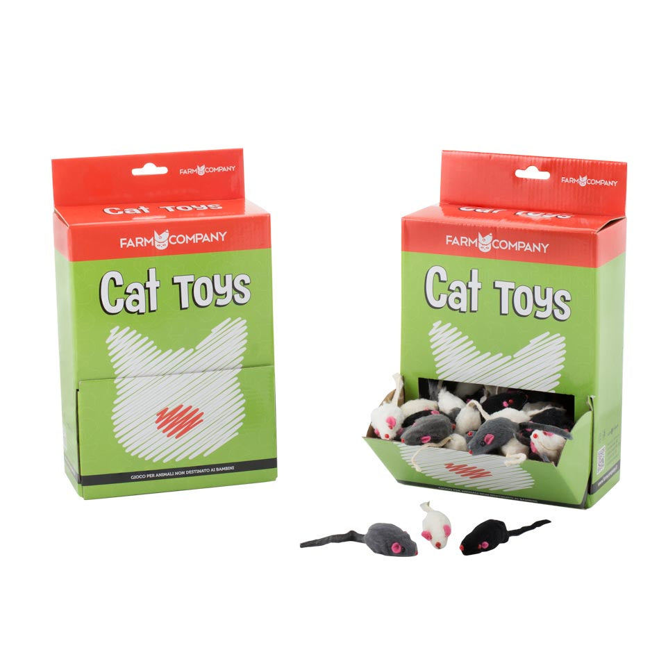 Farm Company mixed mice cat toys in black, grey, and white, 4 cm long, for feline play and enrichment.