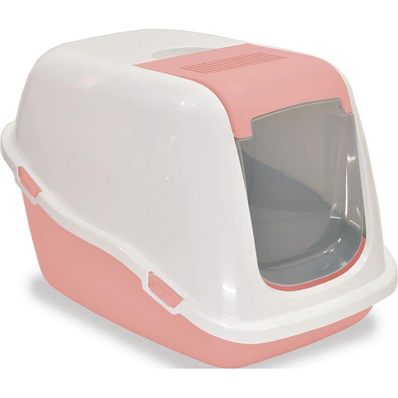 Farm Company Ella Comfort cat litter box in salmon pink with door and filter, measuring 57x39x41 cm, suitable for indoor cats.