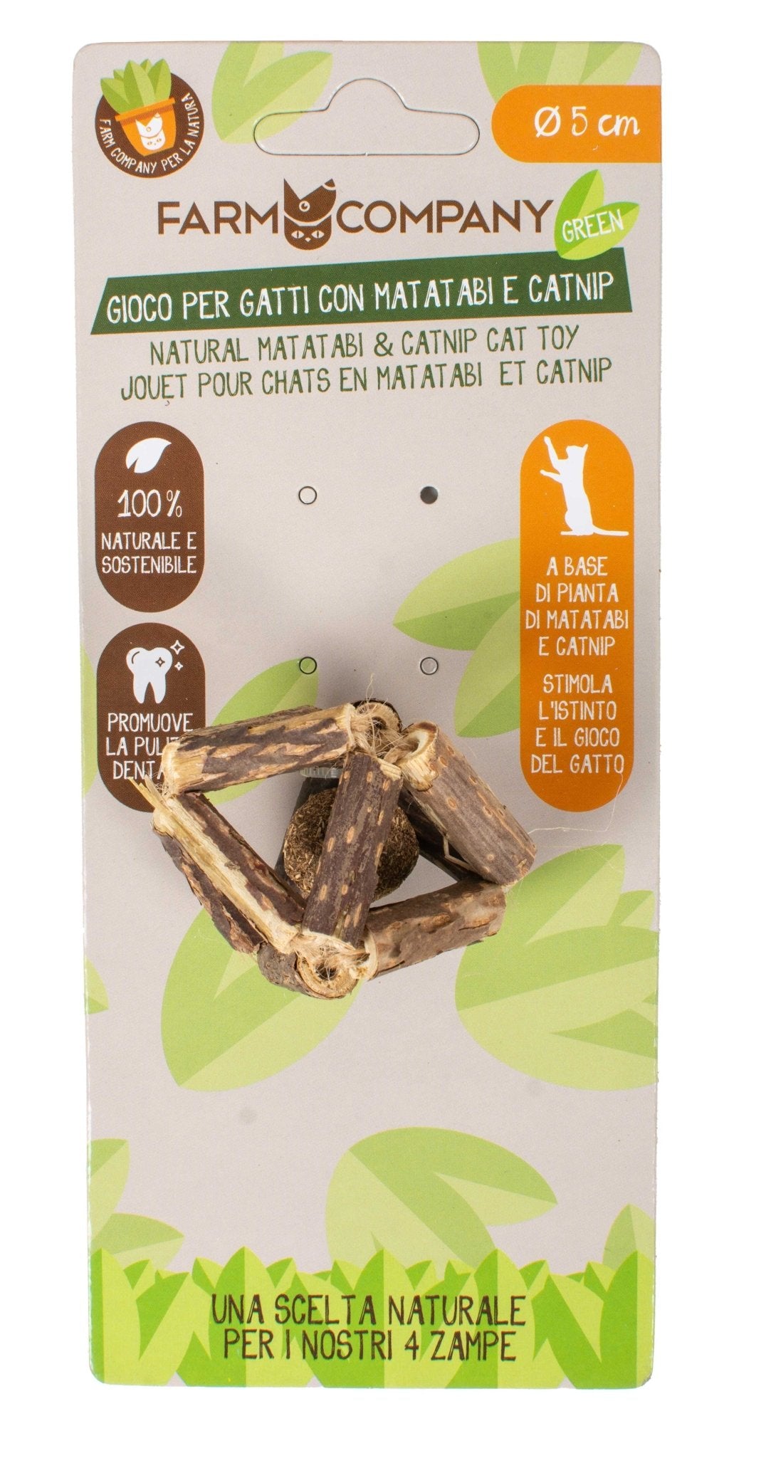 Farm Company green Matatabi cat toy with 5 cm catnip ball, designed for feline play and stimulation.