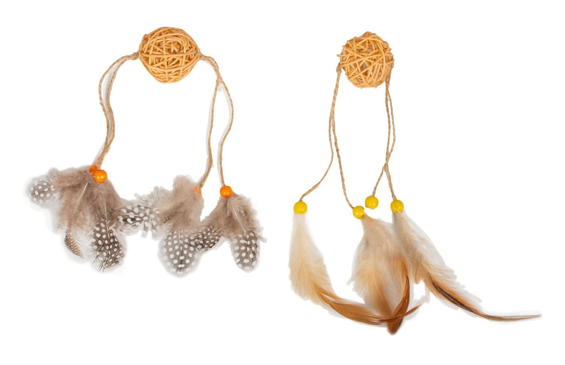 Farm Company straw cat ball toy with rope and feathers, 4cm by 40cm, designed for cats to play and chase.