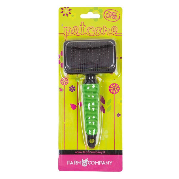 Farm Company small automatic wire brush for dogs with soft rubber grip, ideal for grooming and detangling dog fur.