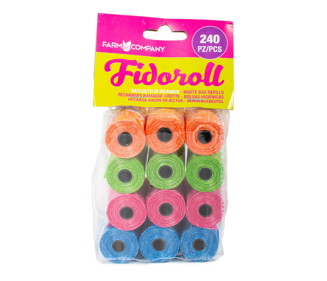 Farm Company Fidoroll dog accessory multipack with 12 colorful bags of refills, suitable for dog grooming and accessories.