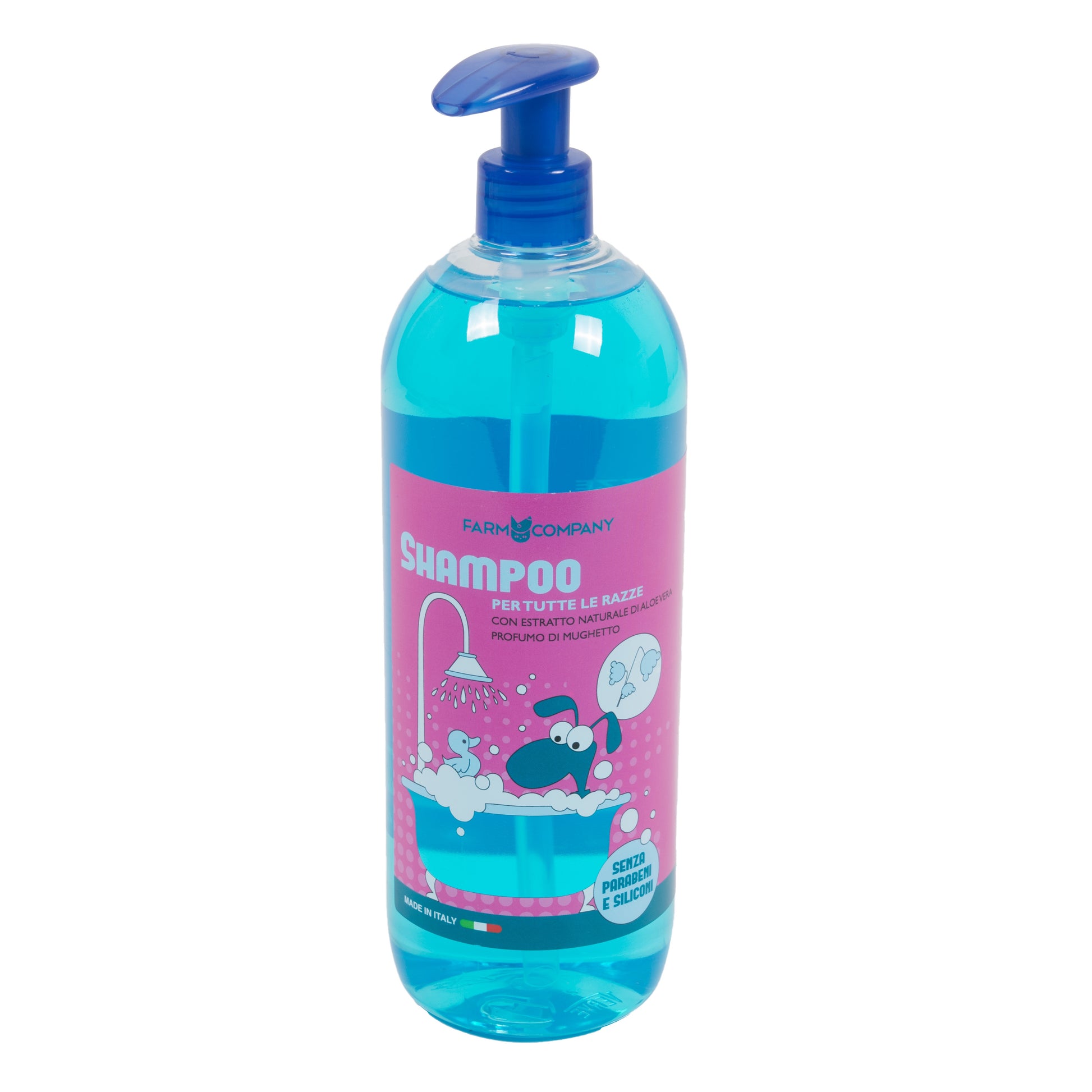 Farm Company All Breeds Shampoo with Aloe Vera for dogs and cats, 1 liter, gentle pet grooming product.