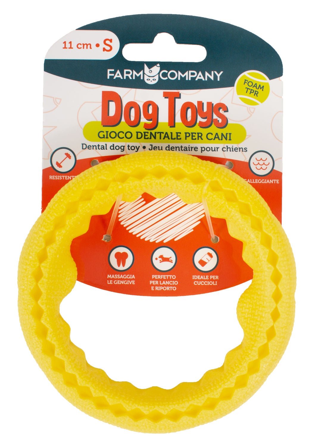 Farm Company Foam TPR Dental Ring for dogs and cats, S size, 11 cm, durable pet dental chew toy.