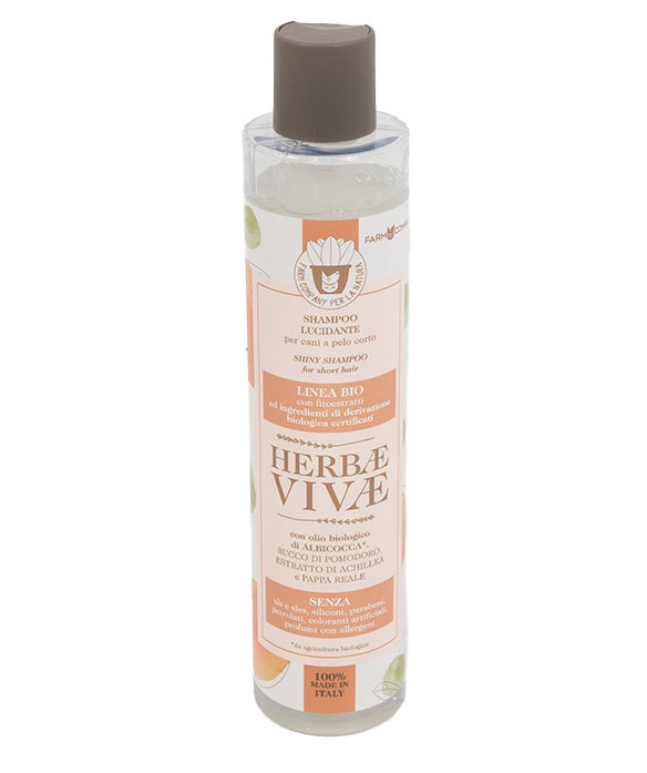 Farm Company Herbae Vivae 100% Bio Shiny Effect Shampoo for dogs and cats in a 250ml bottle, with natural herbal ingredients.
