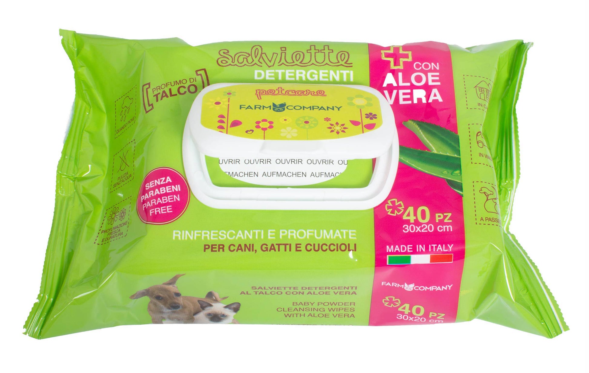 Farm Company pet cleansing wipes with Aloe Vera and Talc for dogs and cats, soft cloths for gentle grooming.