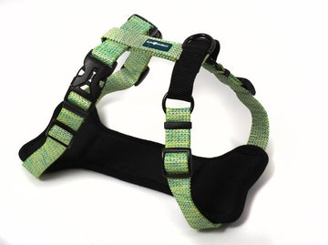 Farm Company Lime Green nylon dog harness in medium size, 25mm wide and 60cm long, with control strap and chest plate.