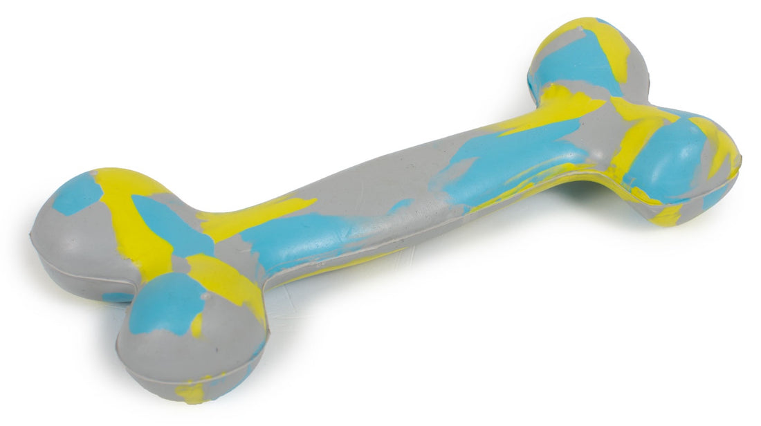 Farm Company Dental Camo rubber dog bone toy, 15 cm size, durable chew toy for dogs, featuring camouflage design.