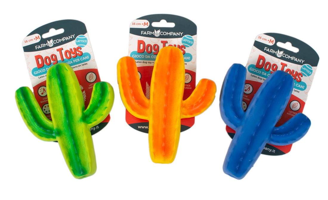 Farm Company cactus latex dog toy in various colors, 16 cm long, soft and durable for pets.
