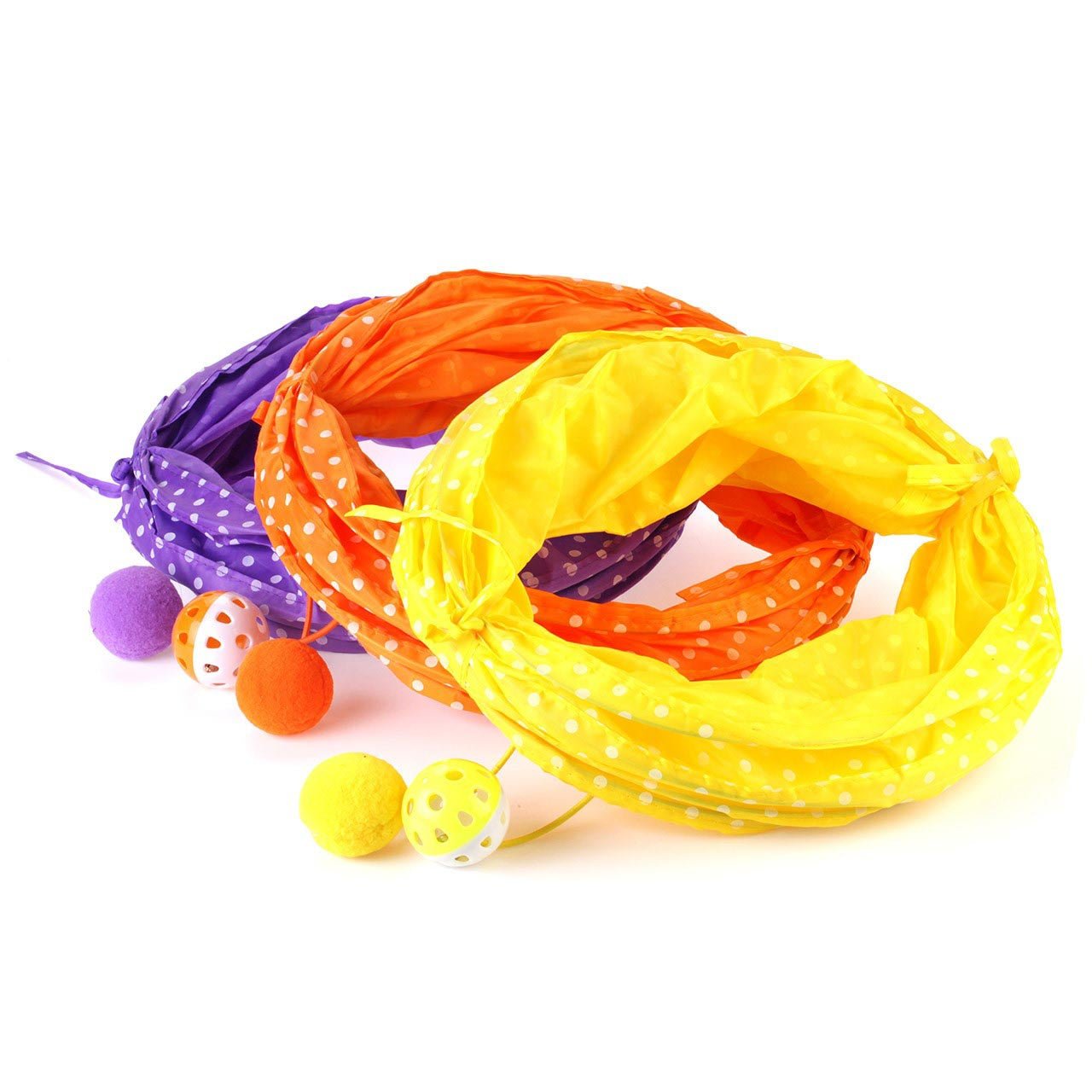 Farm Company cat tunnel with colorful ball toys, 50 cm long, designed for feline play and entertainment.
