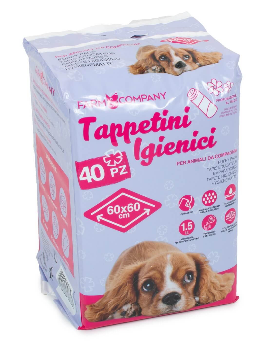 Farm Company hygienic carpets with talc scent, 60x60cm, set of 40, used for hygiene, care, and cleaning purposes.